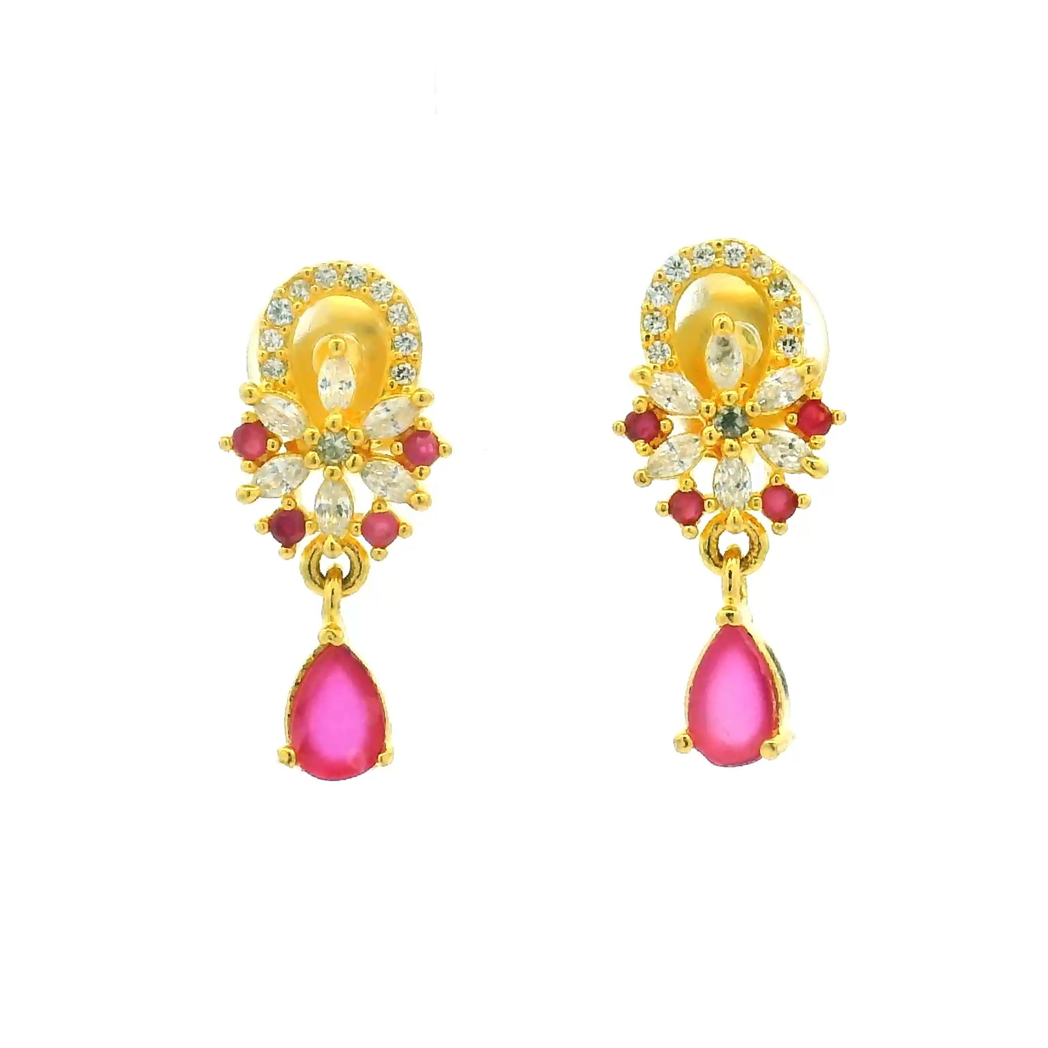 Pink Teardrop Floral Gold Plated Dangles
