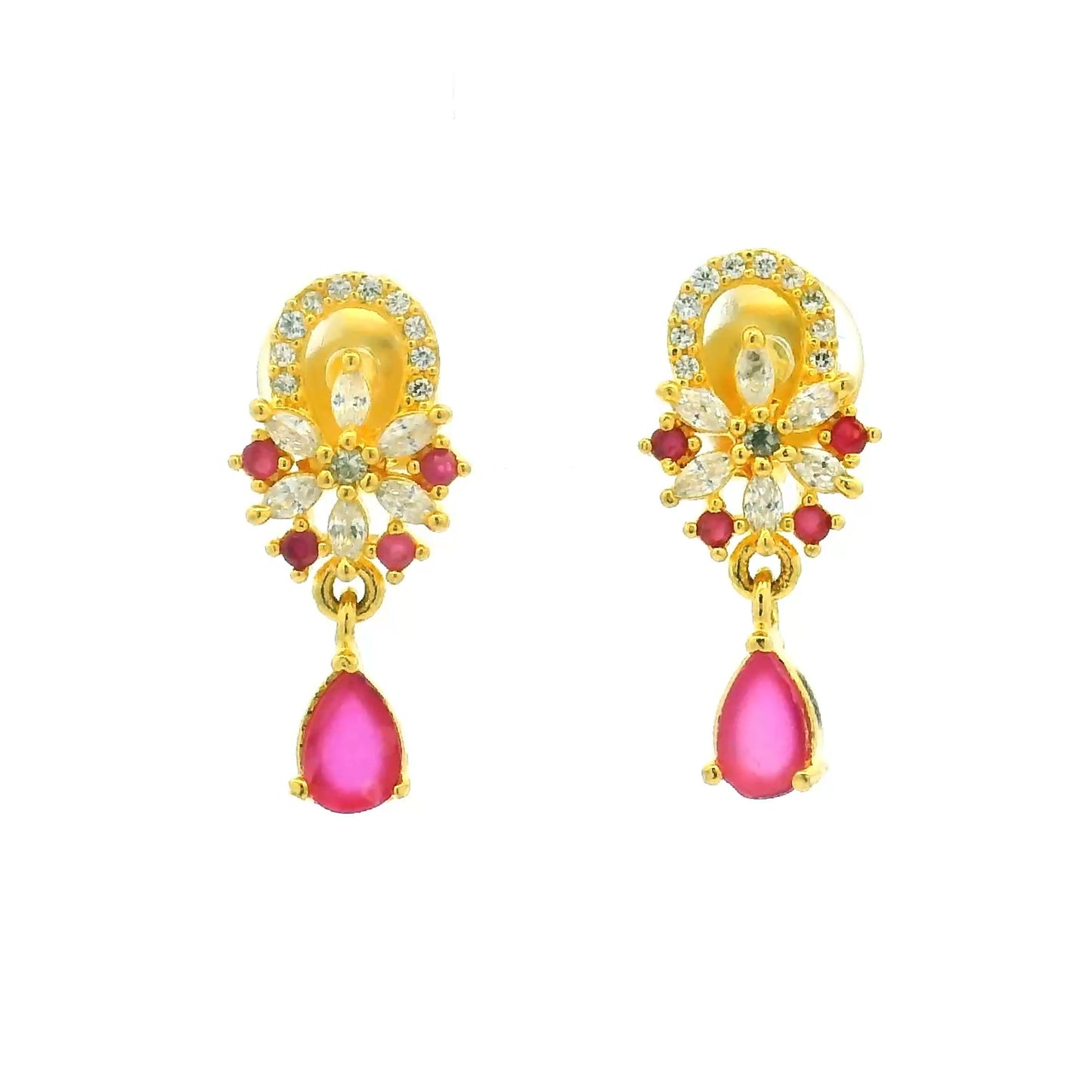 Pink Teardrop Floral Gold Plated Dangles