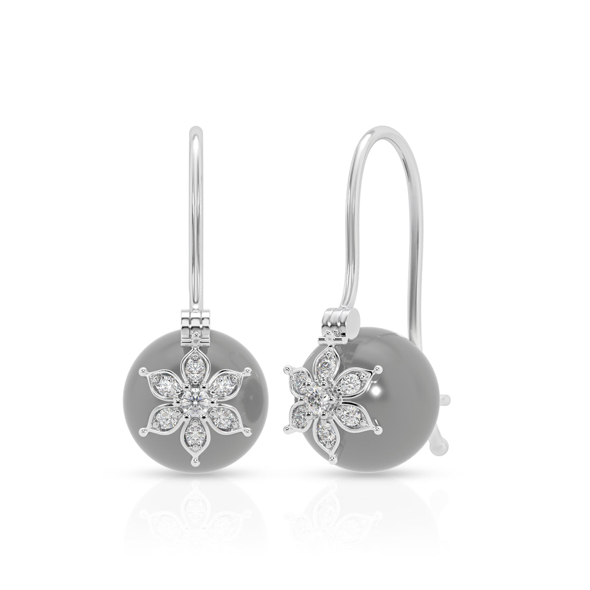 Grey Pearl Drop Earrings with Floral Design