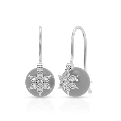 Grey Pearl Drop Earrings with Floral Design