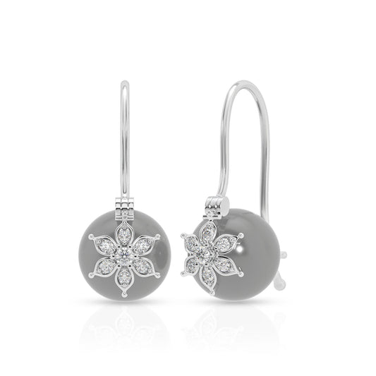 Grey Pearl Drop Earrings with Floral Design