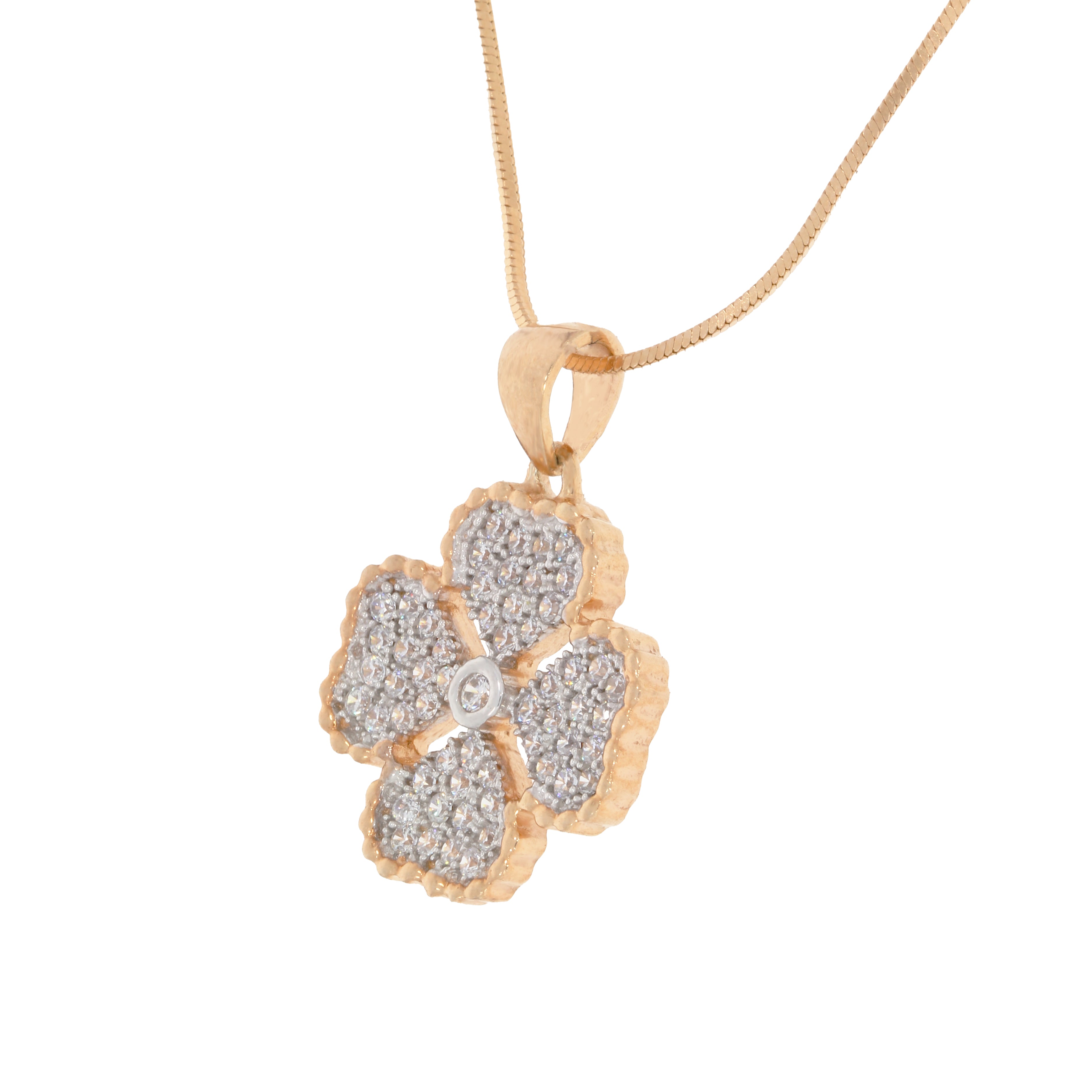 Rose Gold Floral Clover Diamond Pendant with Link Chain