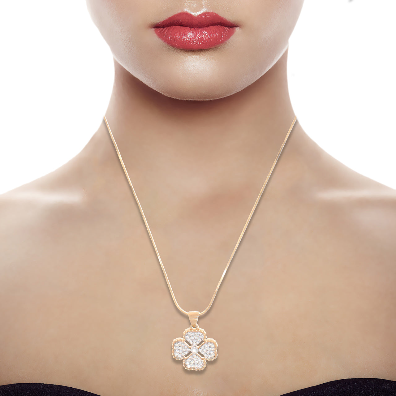 Rose Gold Floral Clover Diamond Pendant with Link Chain