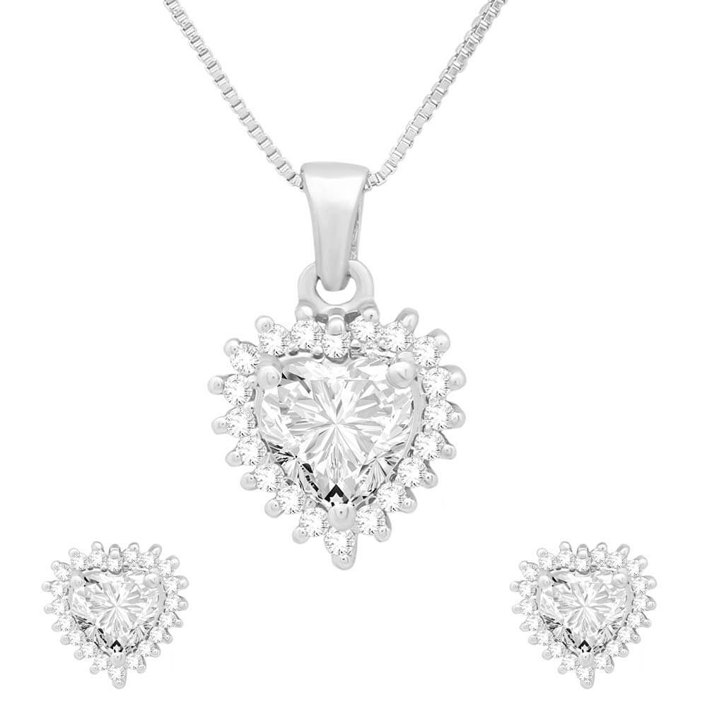 Silver Solitaire Heart Pendant Set