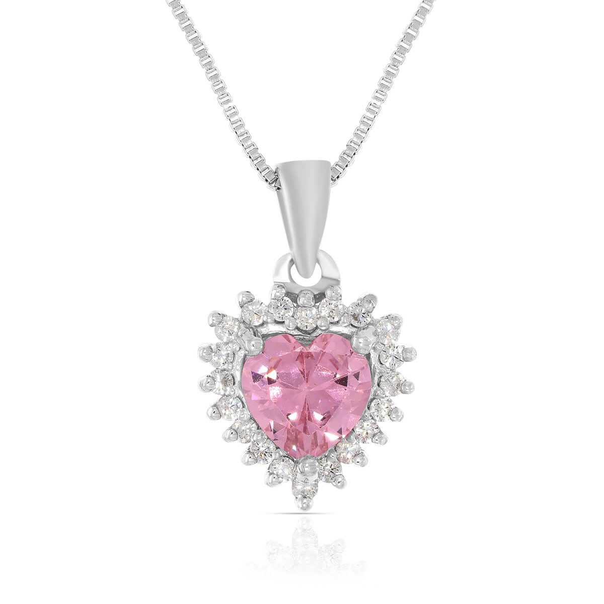Silver Solitaire blossom pink Heart Pendant with Link Chain