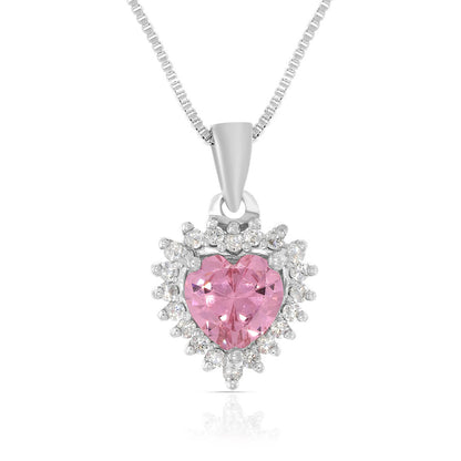 Silver Solitaire blossom pink Heart Pendant with Link Chain