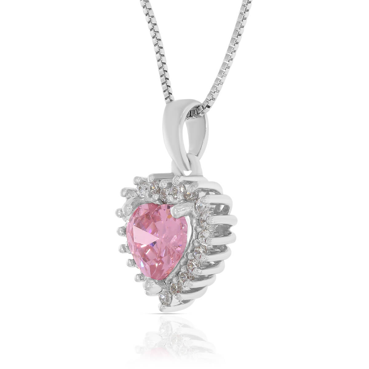 Silver Solitaire blossom pink Heart Pendant with Link Chain