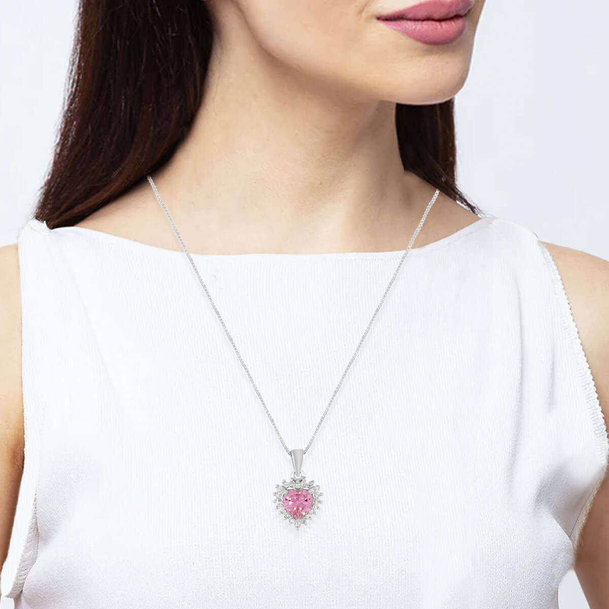 Silver Solitaire blossom pink Heart Pendant with Link Chain