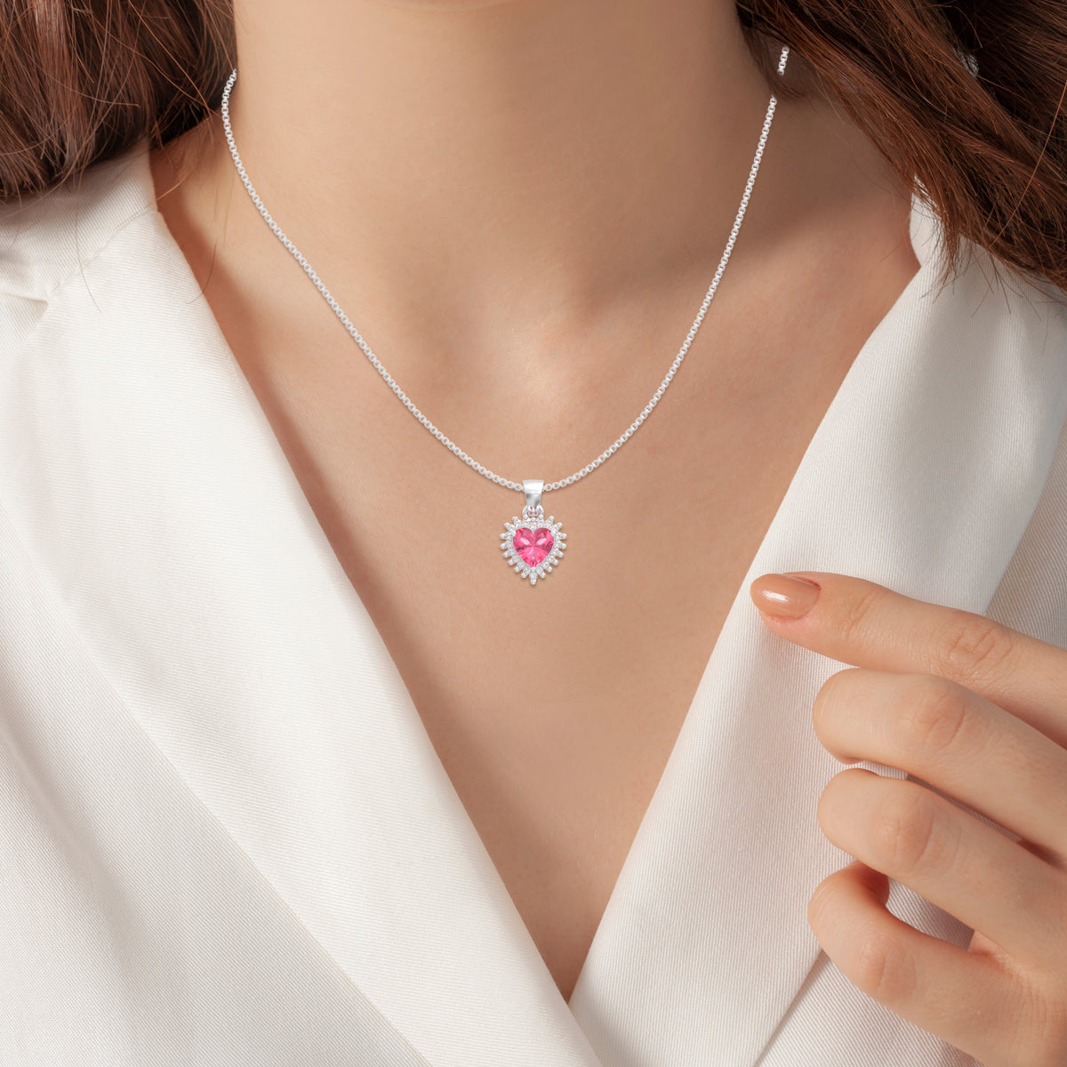 Silver Solitaire blossom pink Heart Pendant with Link Chain