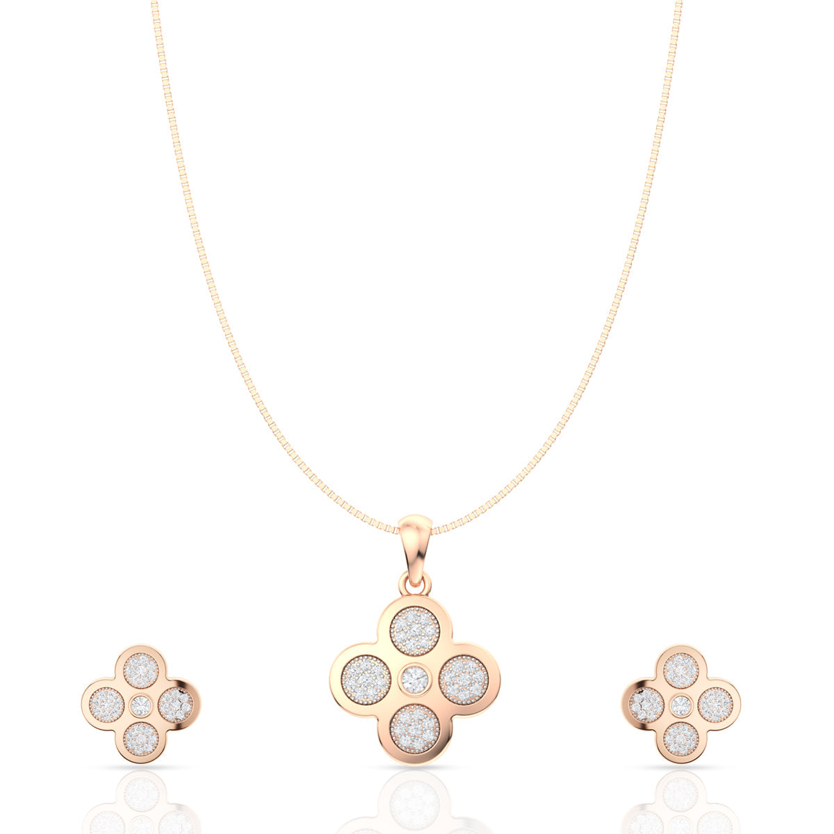 925 Sterling Silver White American Diamond Floral Shape Pendant and Earring with Chain