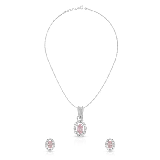 Elegant Pink Oval Halo Pendant Set