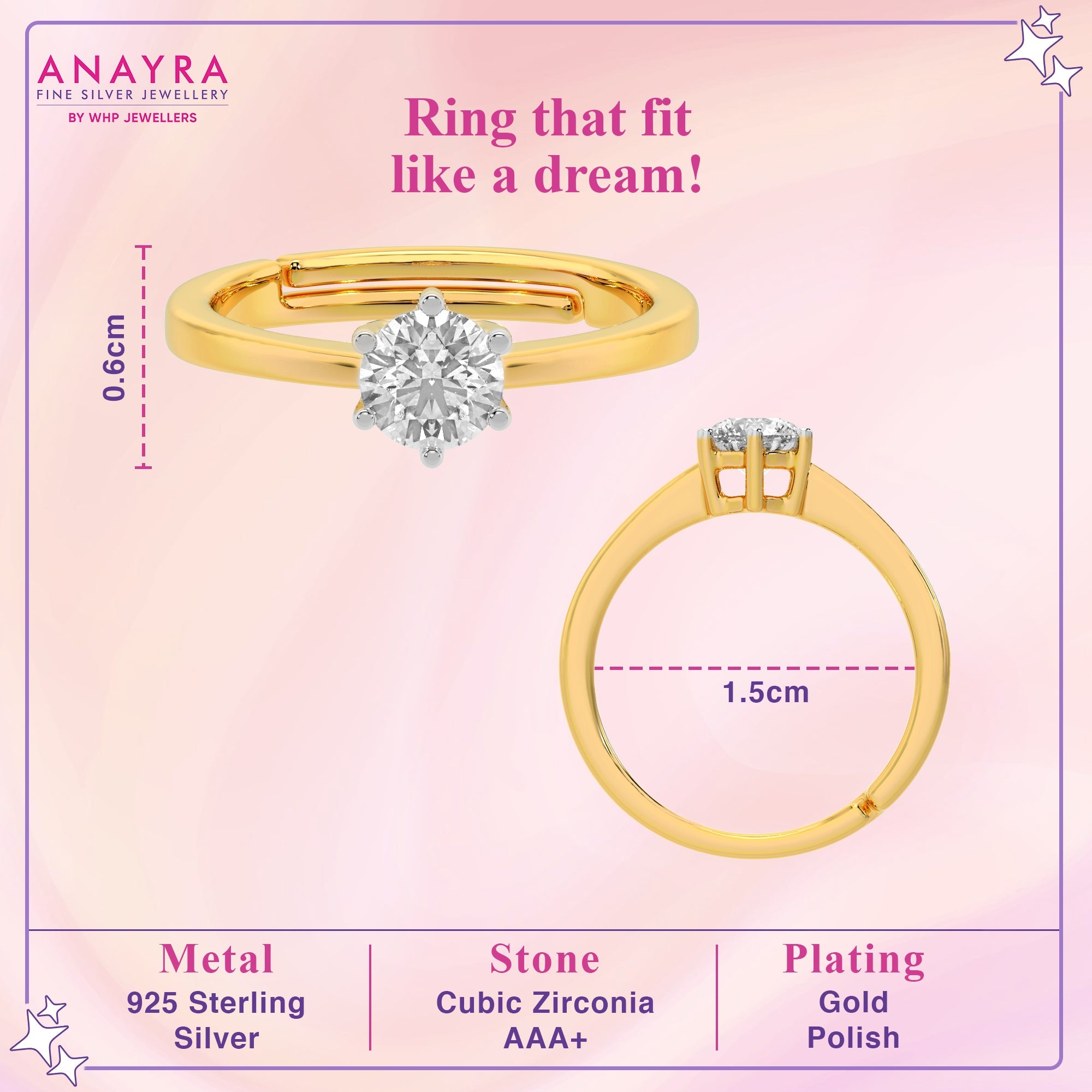 Classic Solitaire Diamond Gold Plated Silver Ring