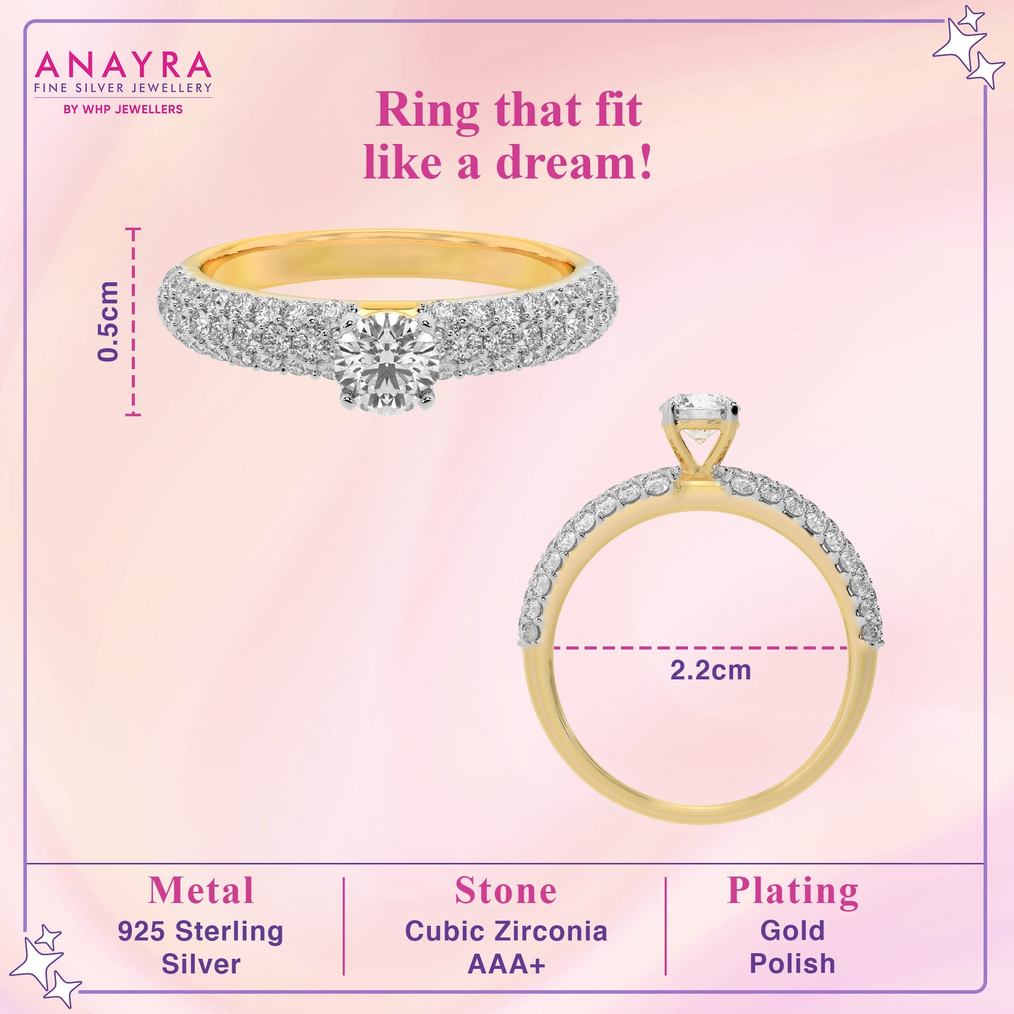 Brilliant Round Diamond Gold Plated Silver Ring