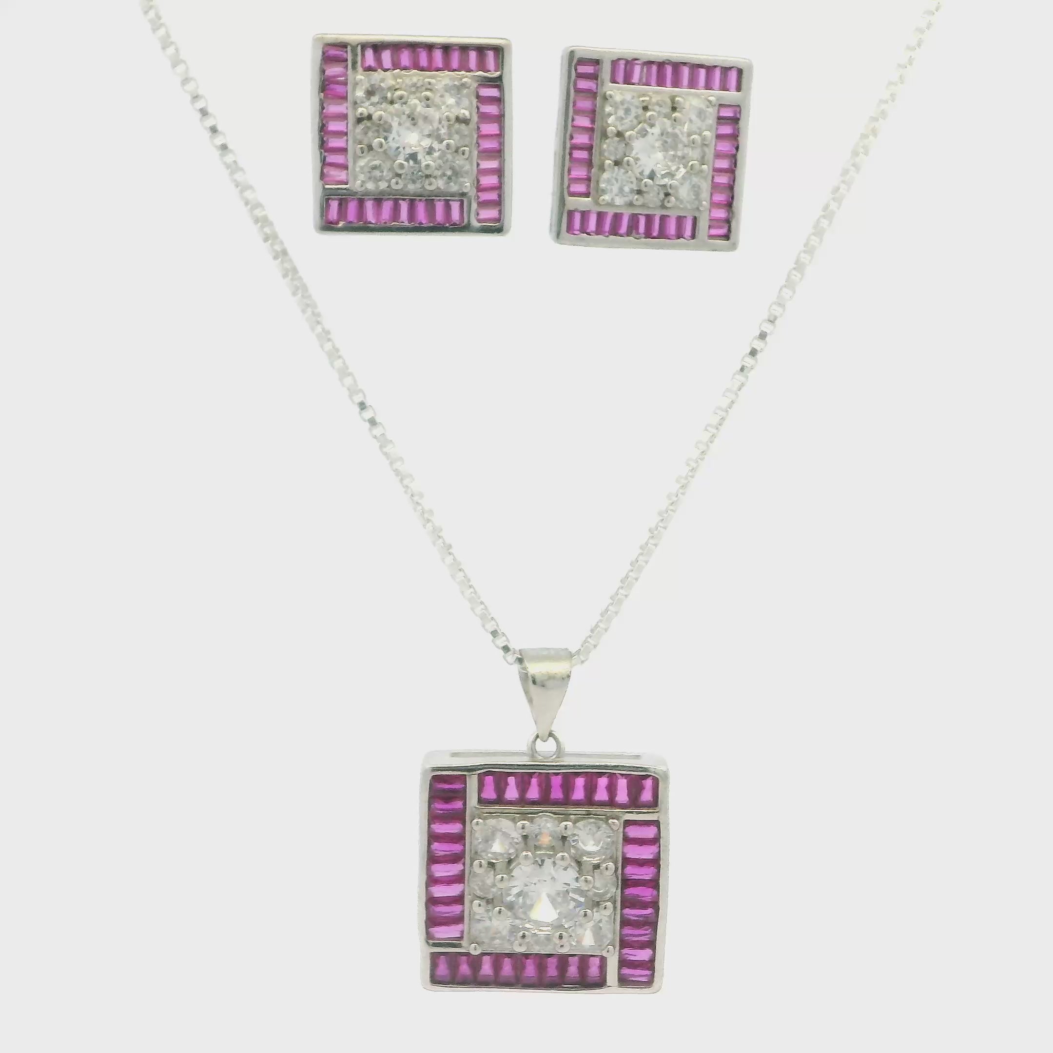 Radiant Pink Crystal Square Pendant Set