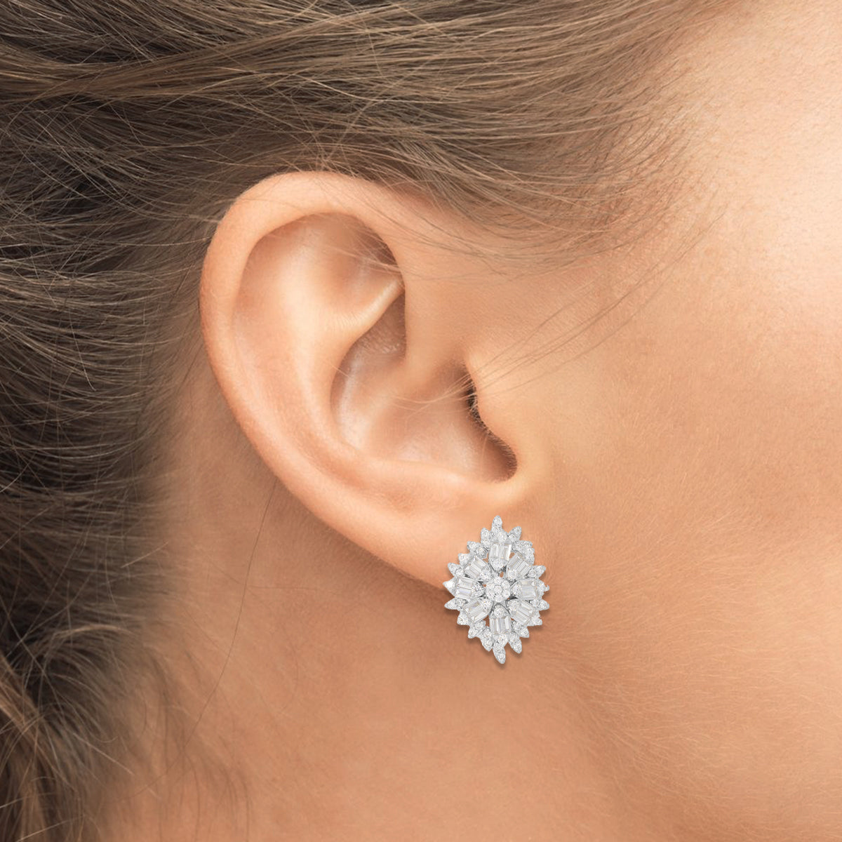 Silver Zircon Shining Flower Diamond Earrings