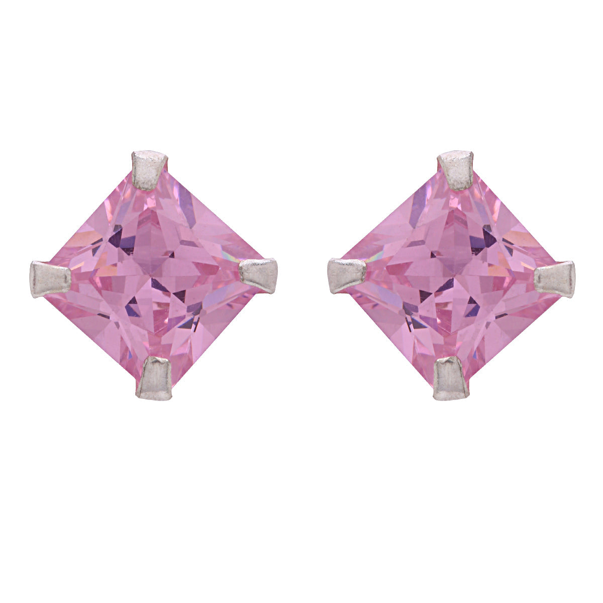 Silver Kunzite Pink Square Stud Earrings
