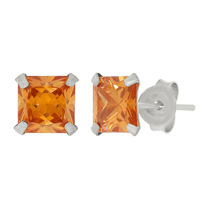 Silver Spessartine Square Stud Earrings