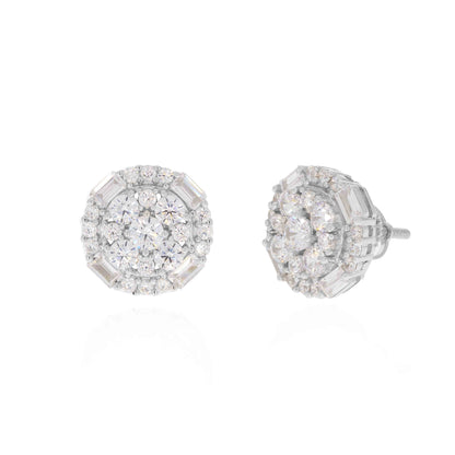 Silver Zircon Halo Round Stud Earrings