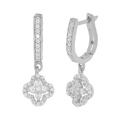 925 Sterling Silver American Diamond Clover Hoop Dangle Silver Earrings
