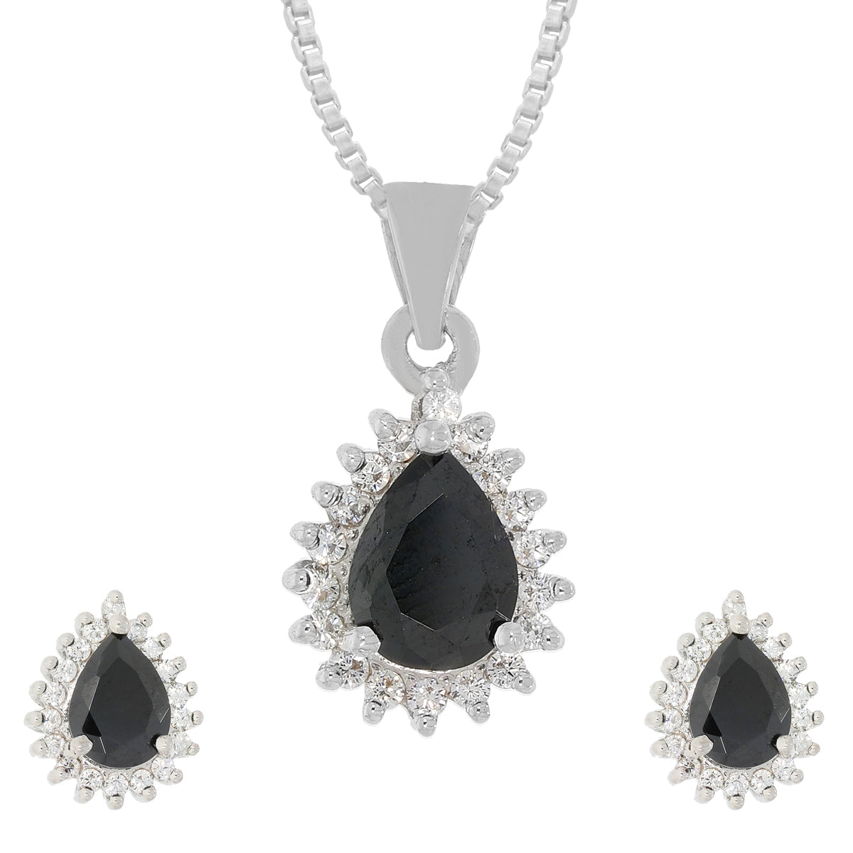 Silver Black Tear Drop Pendant Set with Link Chain
