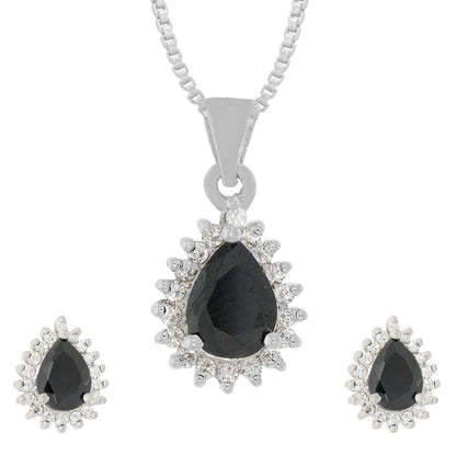 Silver Black Tear Drop Pendant Set with Link Chain