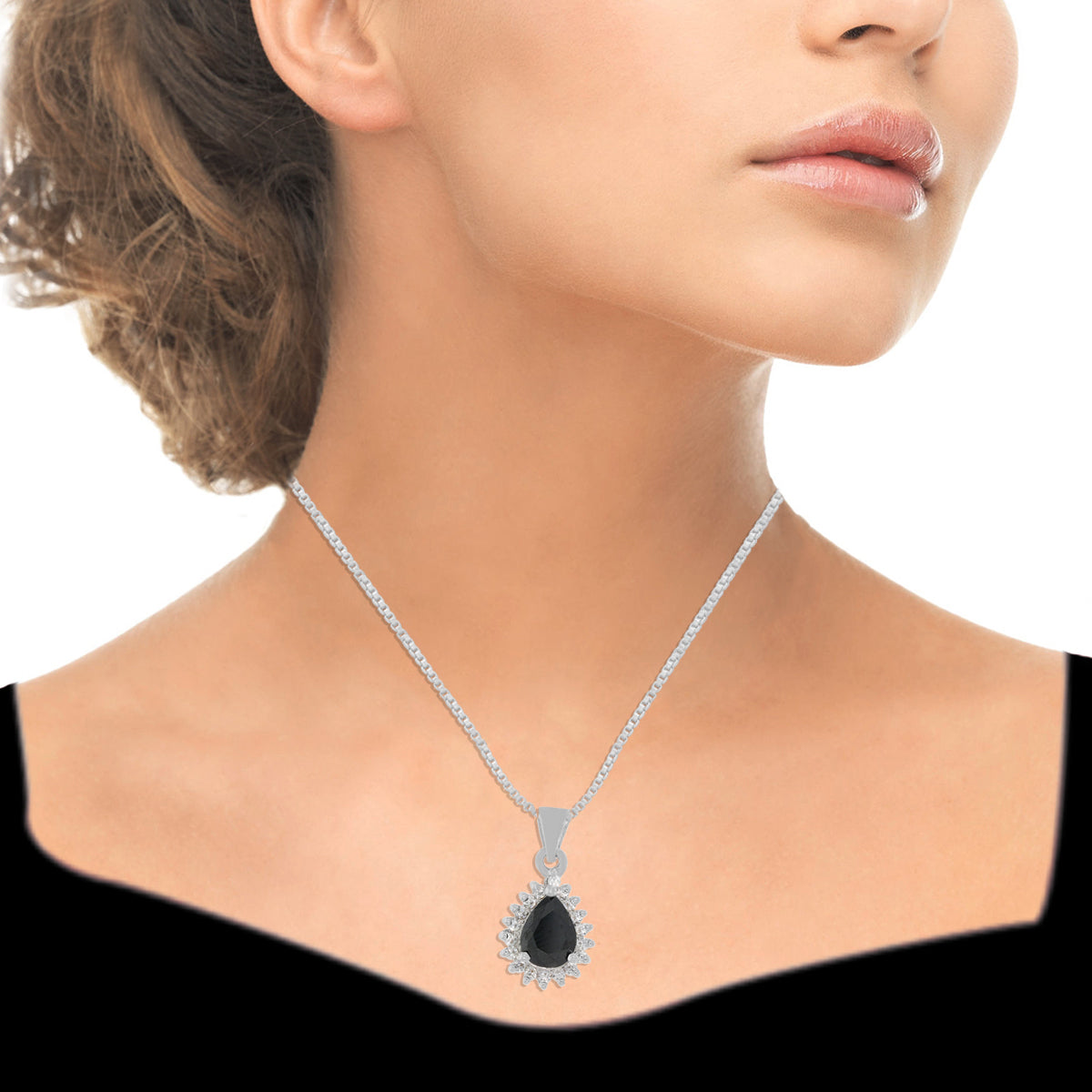 Silver Black Tear Drop Pendant Set with Link Chain
