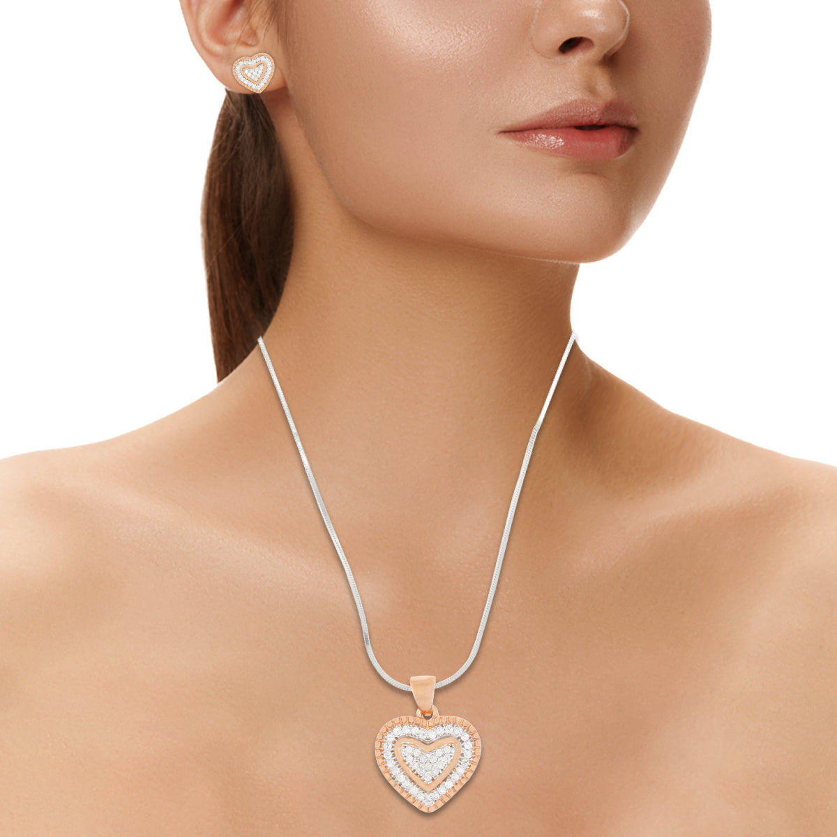 Rose Gold Dual Heart Pendant Set with Link Chain