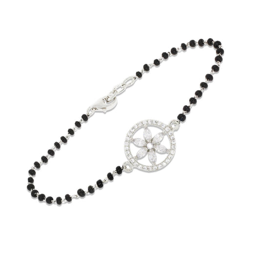 Silver Black Beaded Diamond Flower Bracelet