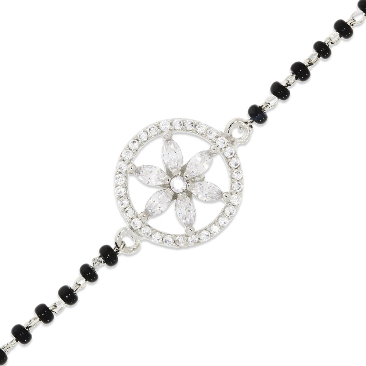 Silver Black Beaded Diamond Flower Bracelet