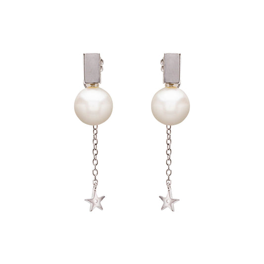 Silver Pearl Dropping Star Earrings