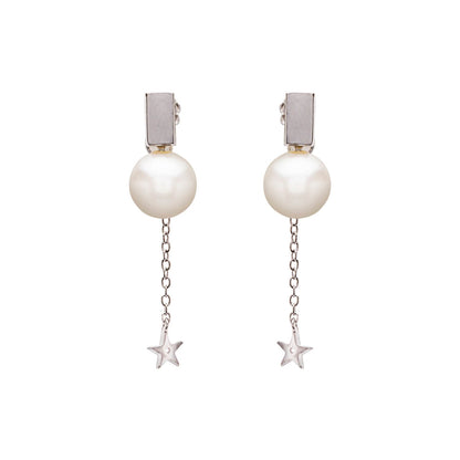 Silver Pearl Dropping Star Earrings