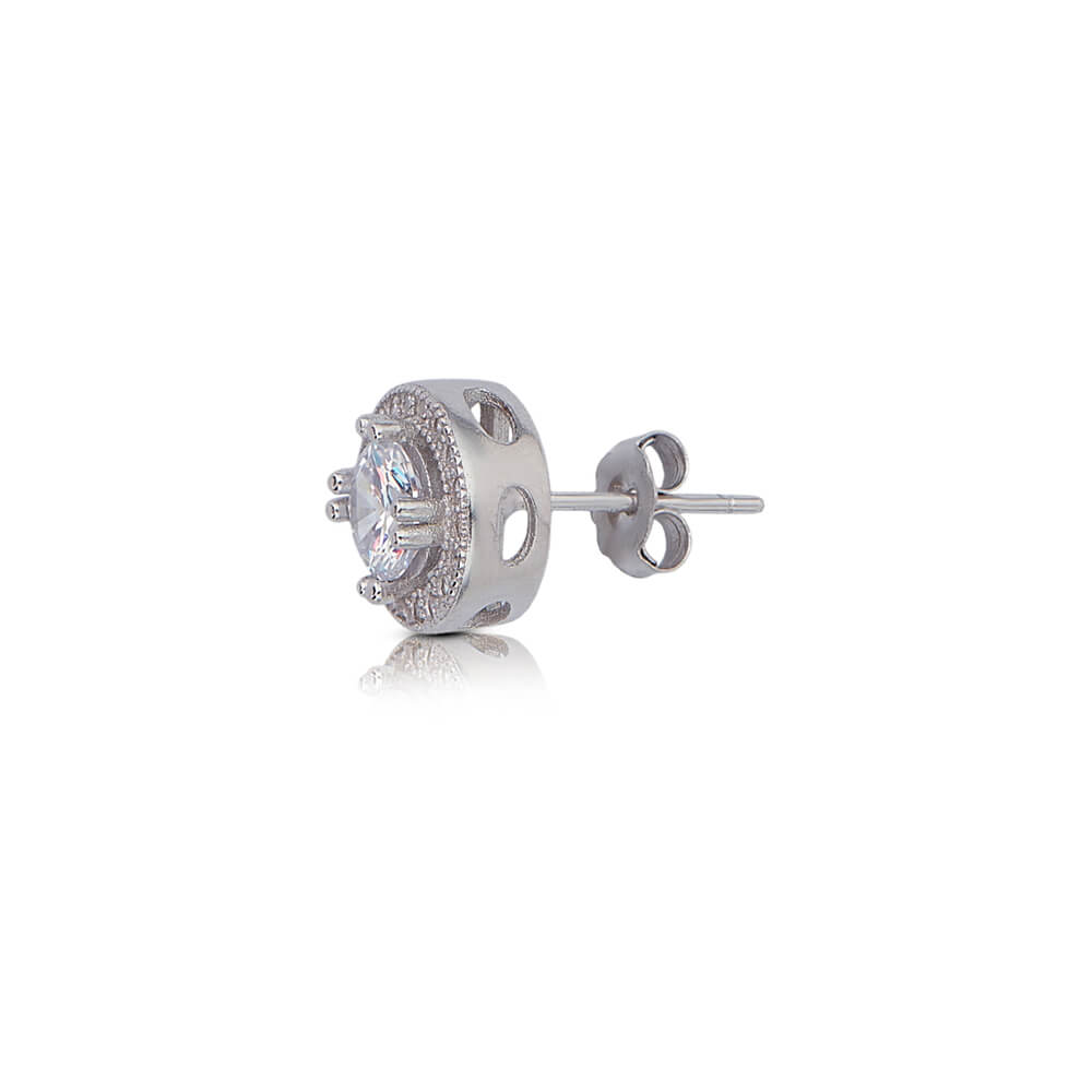 Halo Solitaire Silver Earrings