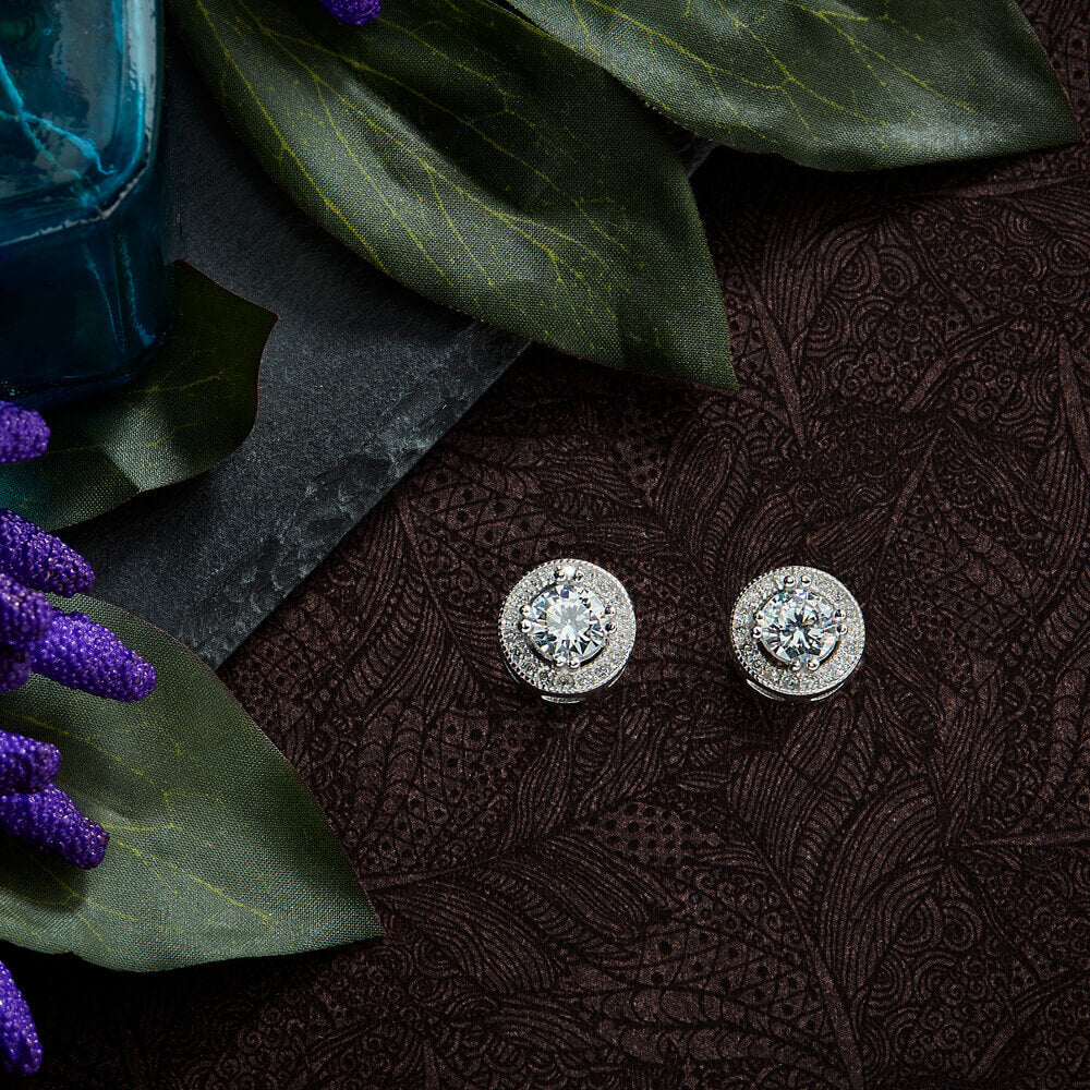 Halo Solitaire Silver Earrings