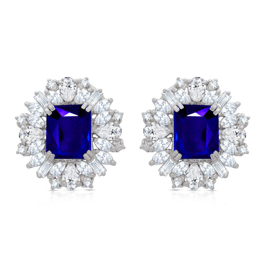 Blue Sapphire Diamond Silver Stud Earrings
