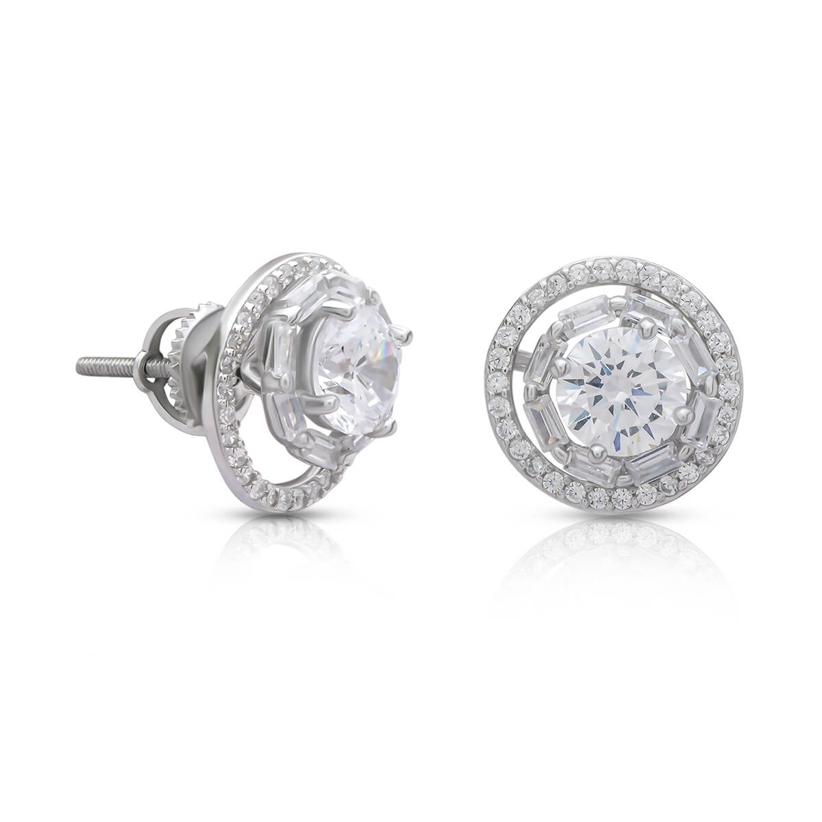 Double Halo Solitaire Silver Earrings