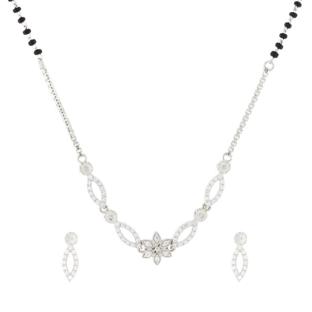 Floral Diamond Mangalsutra Set In Silver