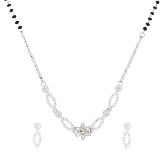 Floral Diamond Mangalsutra Set In Silver