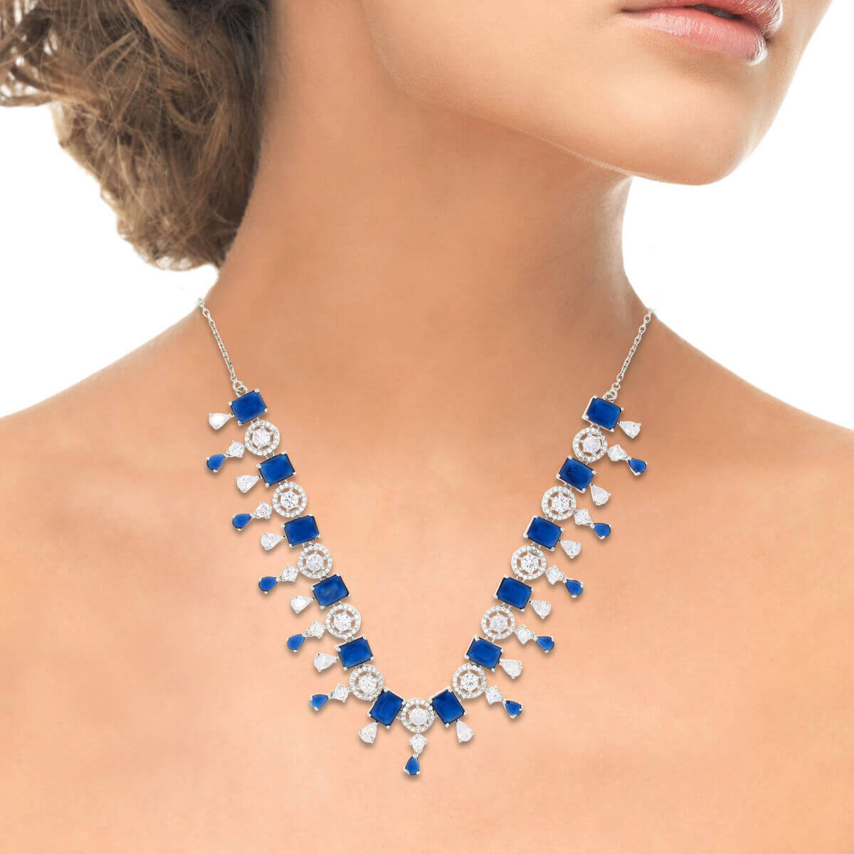 Sterling Silver Created Sapphire and Diamond Heart Shaped Necklace