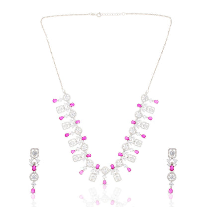 Impressive Pink Stones Necklace Set In Silver