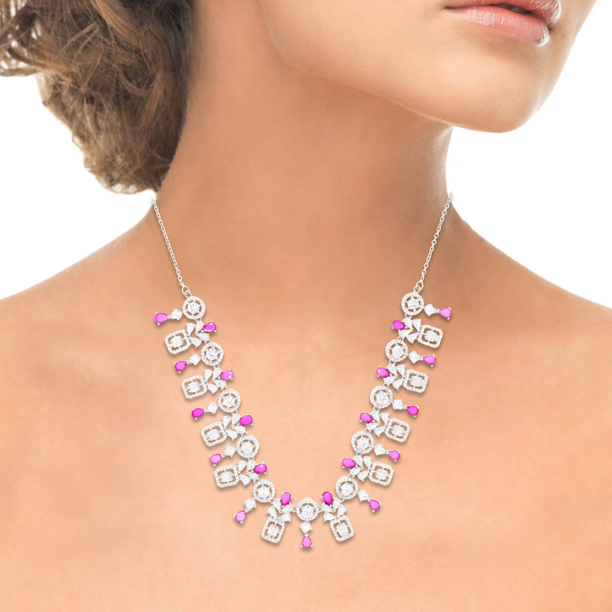 Impressive Pink Stones Necklace Set In Silver