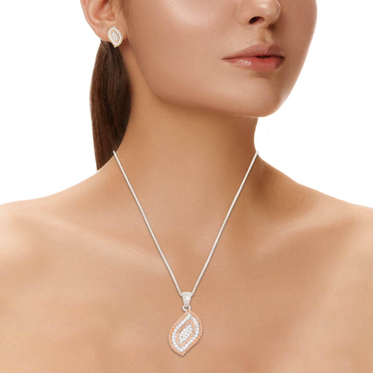 Sterling Silver Leafy Diamond Pendant Set