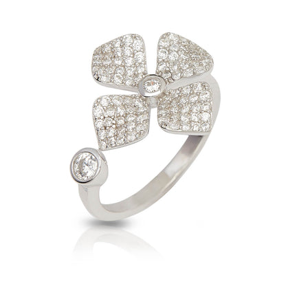Sterling Diamond Flower Ring In Silver